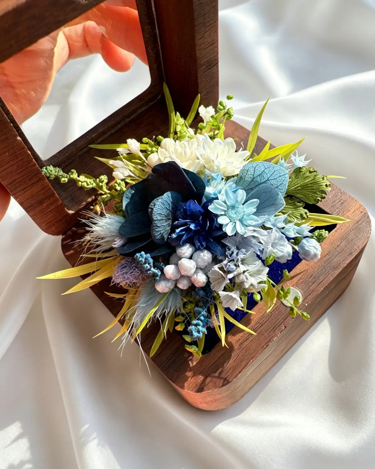 Handcrafted Preserved Flower Ring | ’Secret Garden’ Bouquet - Eco Perennial - Blue/Green - Jewelry