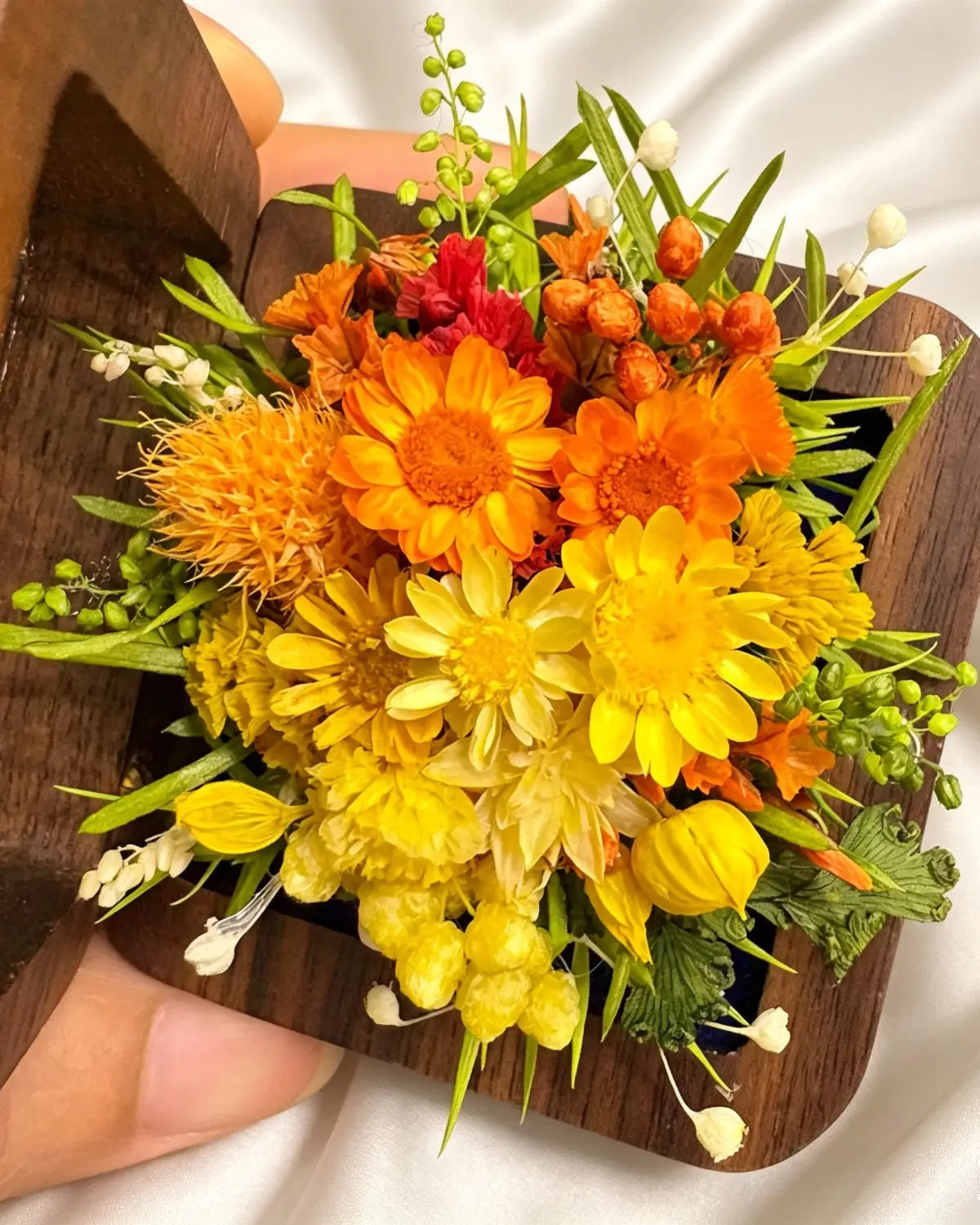 Handcrafted Preserved Flower Ring | ’Secret Garden’ Bouquet - Eco Perennial - Orange/Green - Jewelry