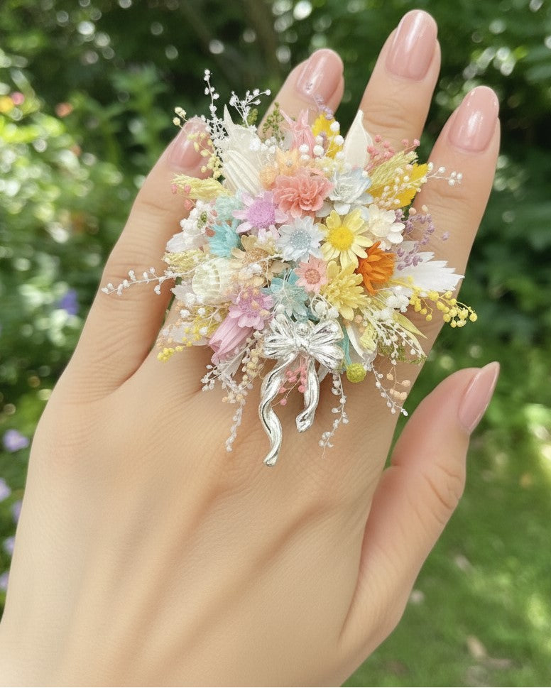 Handcrafted Preserved Flower Ring & Brooch | Rainbow Bloom Bouquet - Eco Perennial Pink Yellow White Ring | Jewelry | Eco Perennial