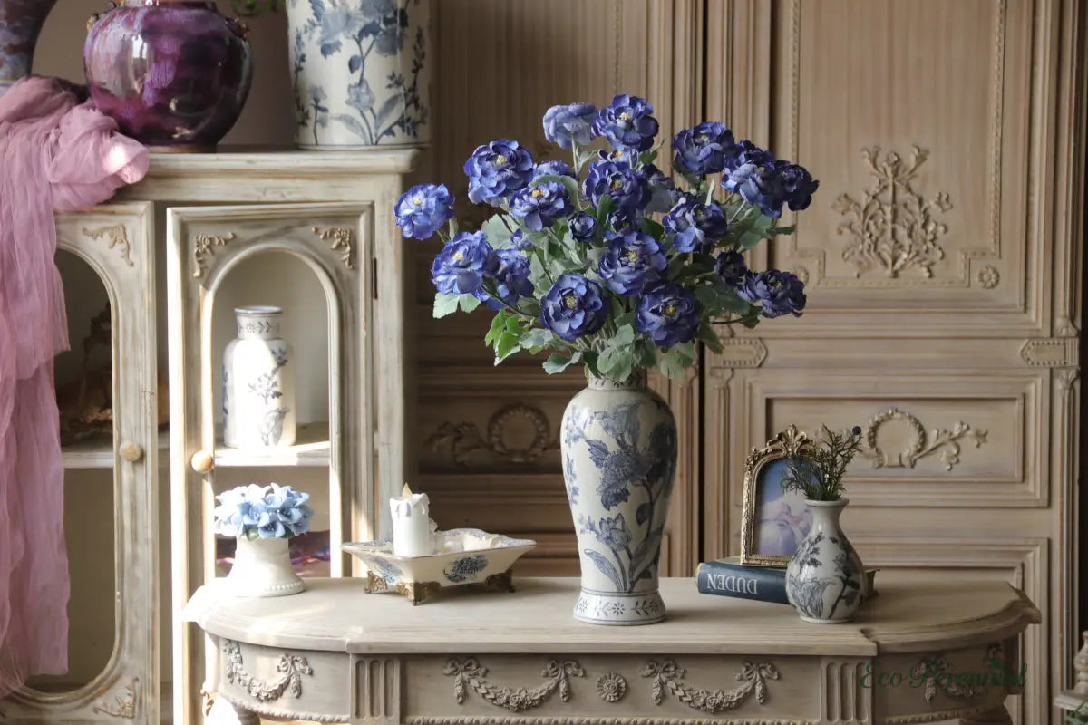"Heritage Blue" Vintage Silk Rose | Premium Single Stem | Realistic Faux Silk Flowers for Home Decor - Eco Perennial