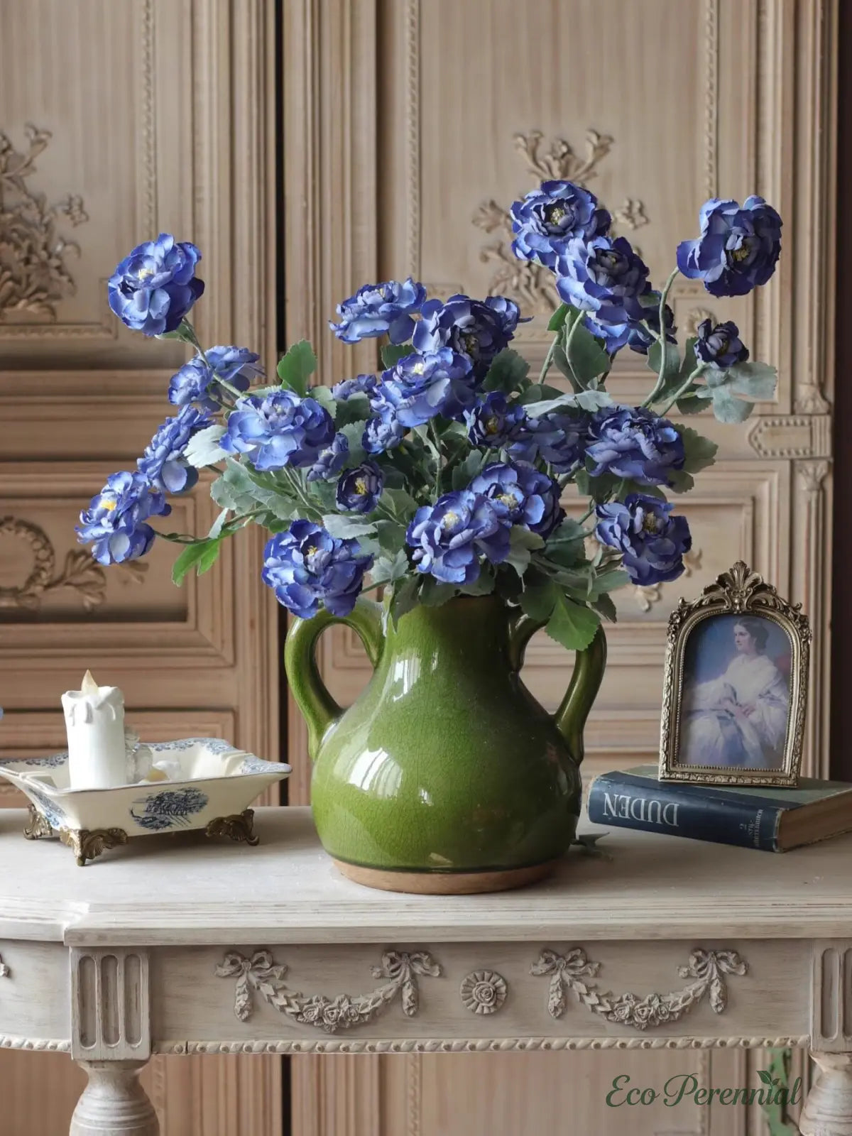 "Heritage Blue" Vintage Silk Rose | Premium Single Stem | Realistic Faux Silk Flowers for Home Decor - Eco Perennial
