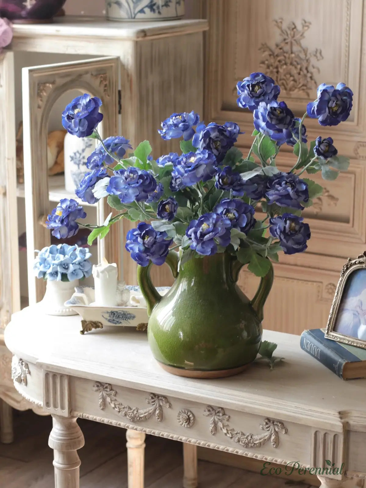 "Heritage Blue" Vintage Silk Rose | Premium Single Stem | Realistic Faux Silk Flowers for Home Decor - Eco Perennial