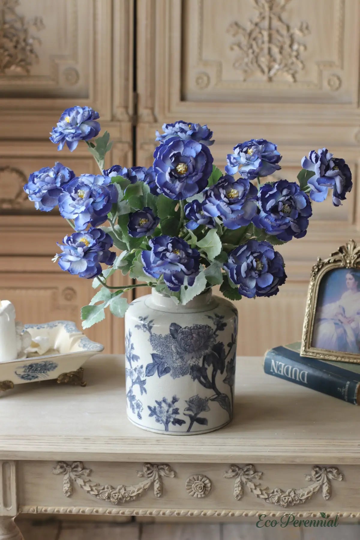 "Heritage Blue" Vintage Silk Rose | Premium Single Stem | Realistic Faux Silk Flowers for Home Decor - Eco Perennial