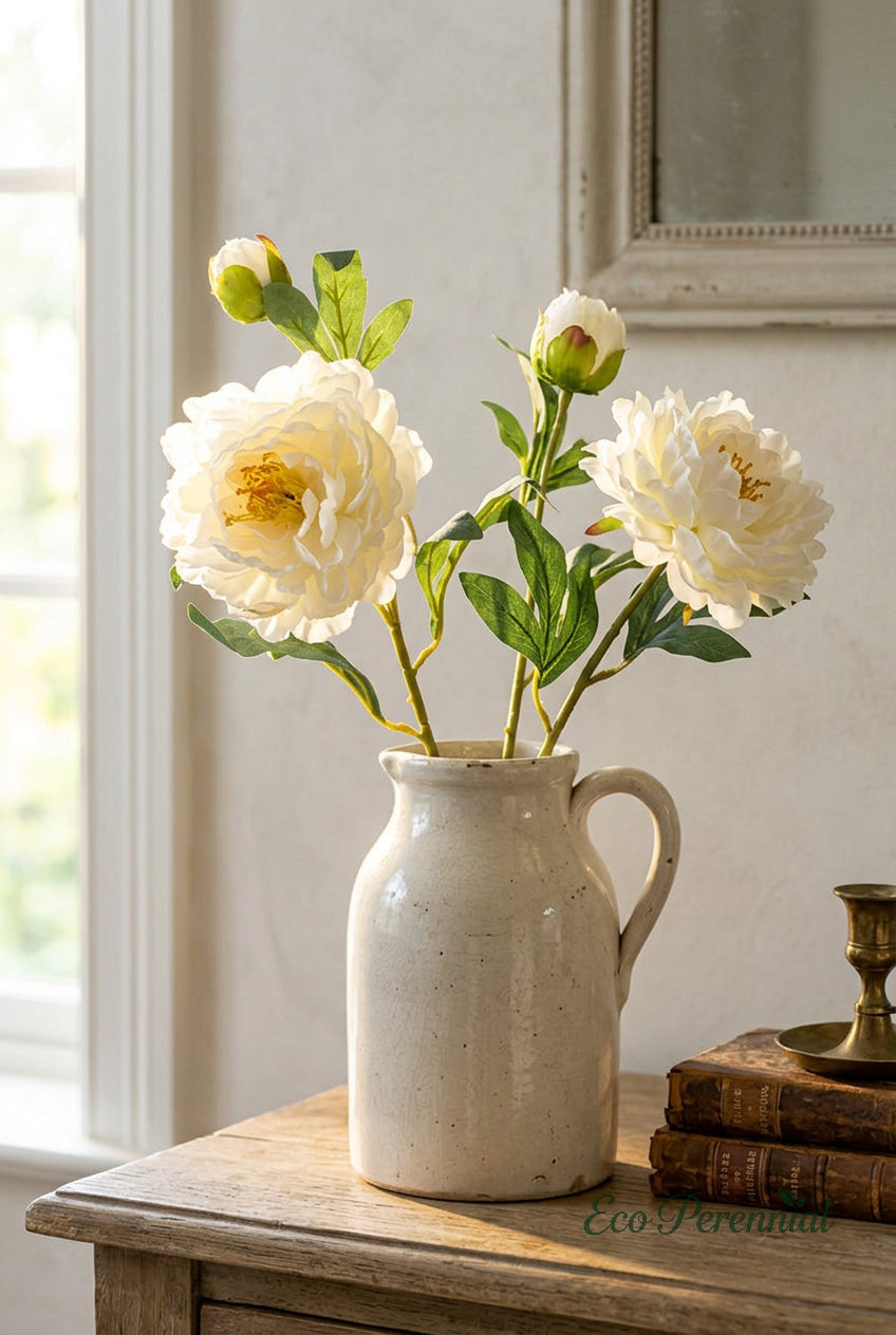 French Burnt Edge Peony Stem | Realistic Faux Silk Peony Flower | Artificial Flower Stem | Eco Perennial