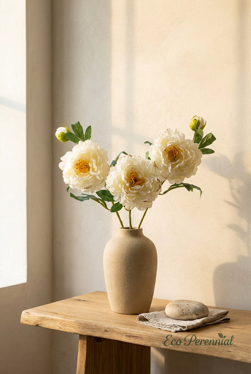 French Burnt Edge Peony Stem | Realistic Faux Silk Peony Flower | Artificial Flower Stem | Eco Perennial