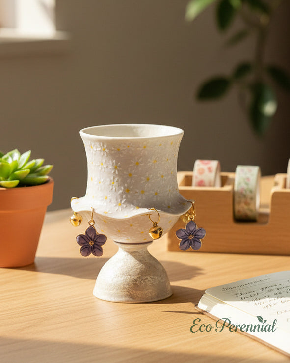 Lavender daisy ceramic tea cup as decorative accent on wooden desk — Eco Perennial