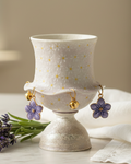 Lavender daisy hand-painted ceramic tea cup with ruffled rim and gold bell charms — Eco Perennial
