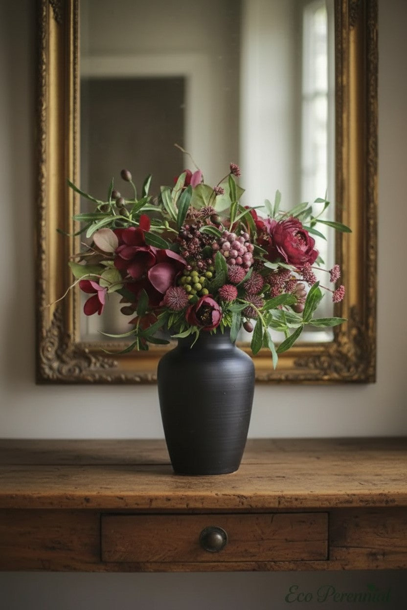 "Midnight Burgundy" | Artistic Silk Ranunculus Bouquet | Artificial Floral Arrangement | Eco Perennial