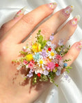 Miniature Wildflower Bouquet Ring – Handcrafted Floral Statement Jewelry - Pink/White/Green - Jewelry