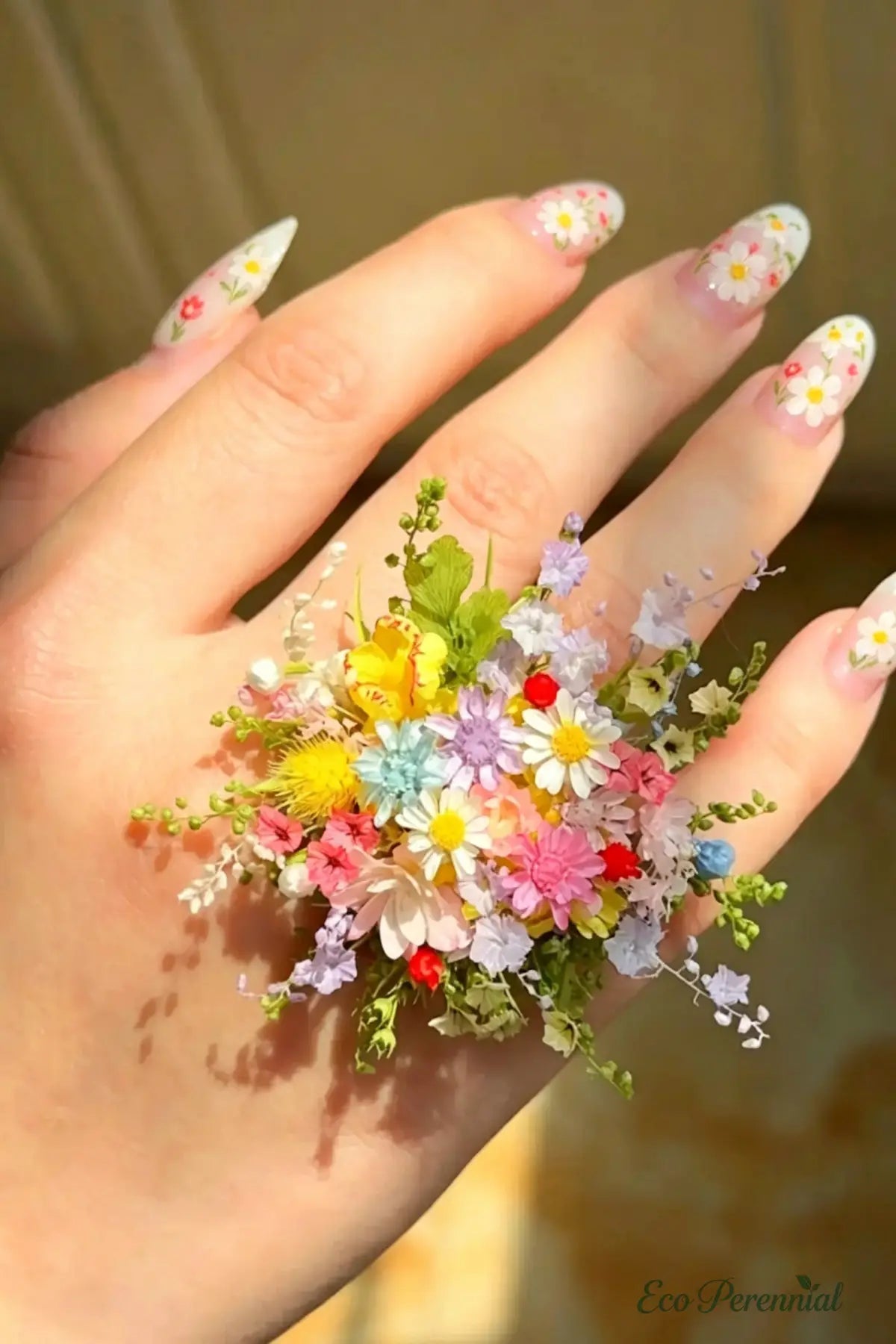 Miniature Wildflower Bouquet Ring – Handcrafted Floral Statement Jewelry - Pink/White/Green - Jewelry