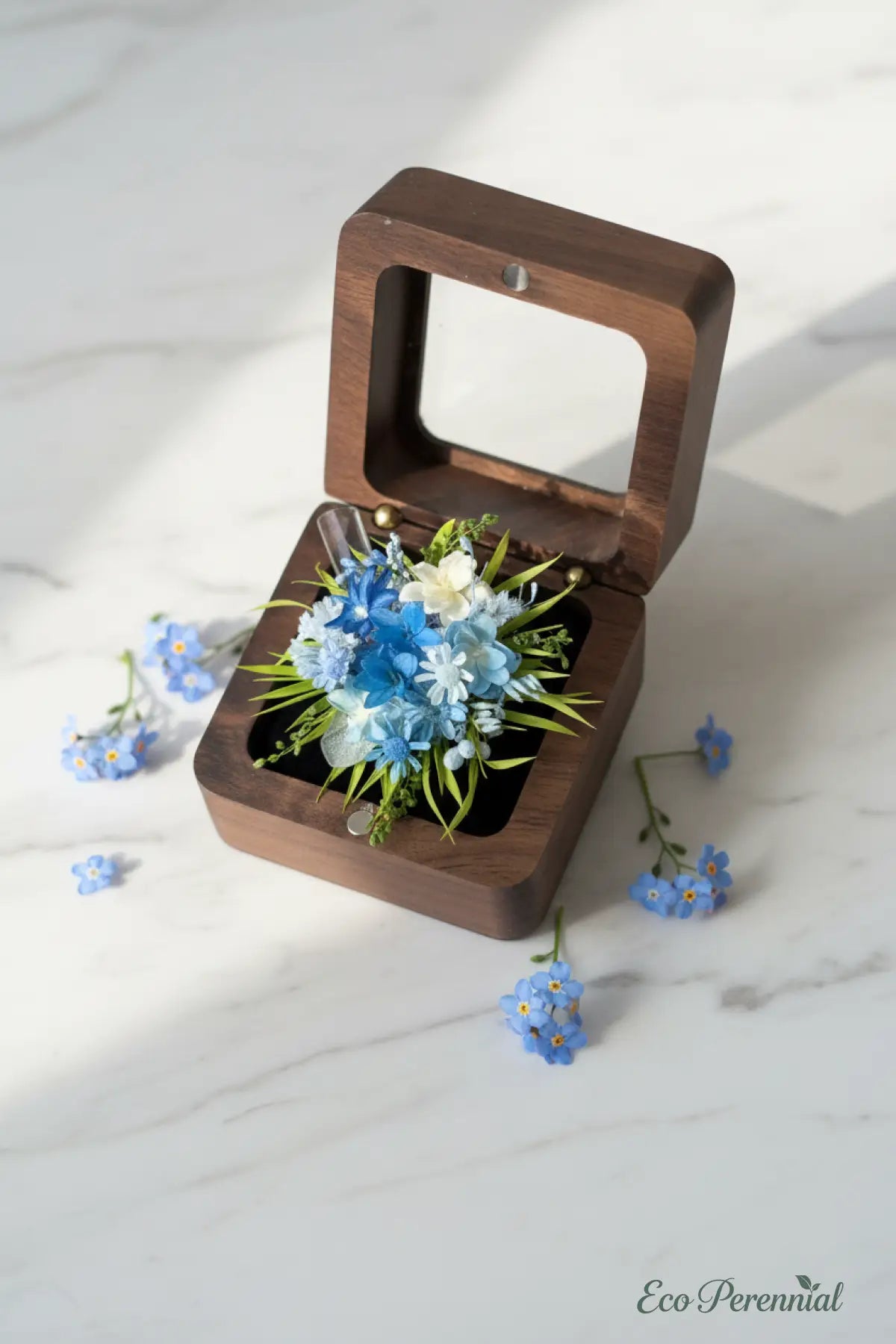 Ocean Blue Preserved Flower Ring – Handcrafted Eternal Floral Jewelry | Realistic Faux Silk Flowers for Home Decor - Eco Perennial