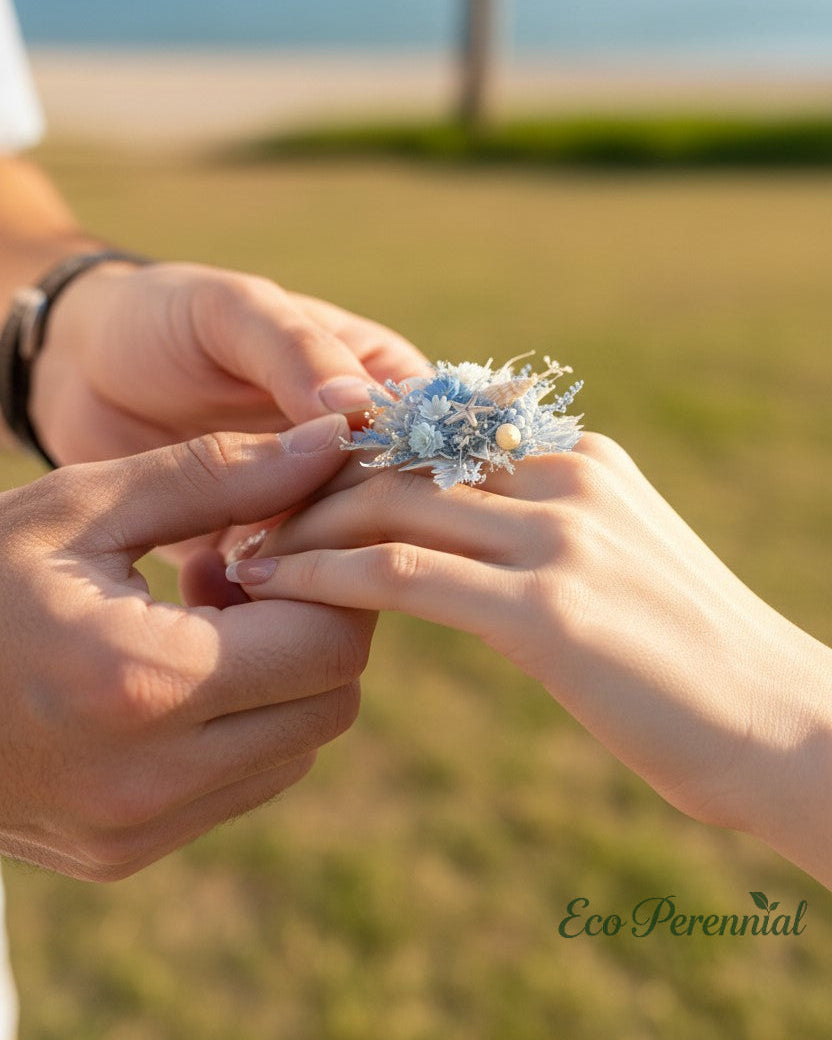 Preserved Flower Ring & Brooch | Sky Blue Ocean Floral Jewelry – Eco Perennial | Jewelry | Eco Perennial