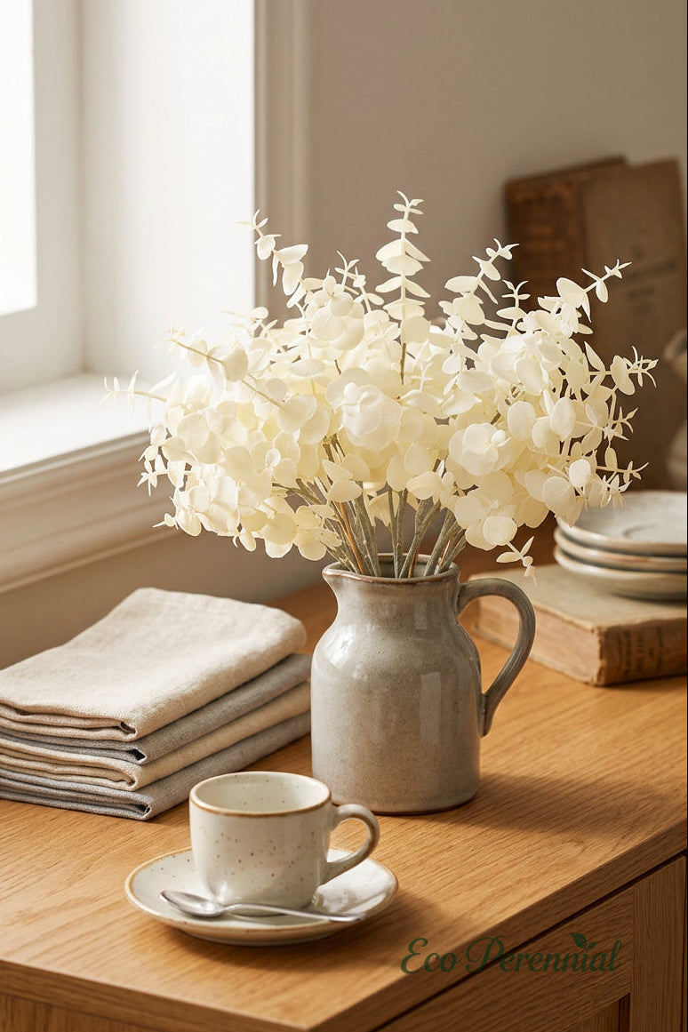 15.7" Petite Faux Eucalyptus Stems | 3 Colors Pure White | Artificial Greenery | Eco Perennial