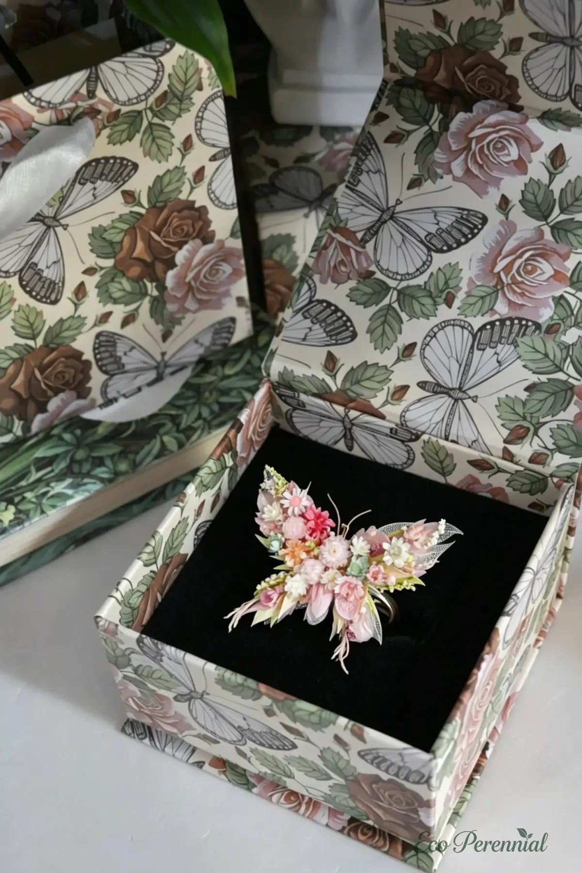 Pink Butterfly Preserved Flower Ring – Handcrafted Eternal Floral Jewelry | Realistic Faux Silk Flowers for Home Decor - Eco Perennial