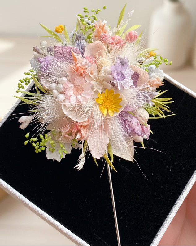 Handcrafted Preserved Flower Corsage Brooch | Unique Graduation & Wedding Keepsake - Eco Perennial Purple Pink Green | Realistic Faux Silk Flowers for Home Decor - Eco Perennial