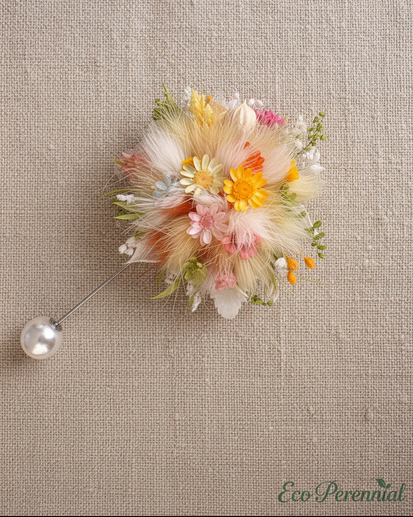 Handcrafted Preserved Flower Corsage Brooch | Unique Graduation & Wedding Keepsake - Eco Perennial Pink Yellow White | Realistic Faux Silk Flowers for Home Decor - Eco Perennial