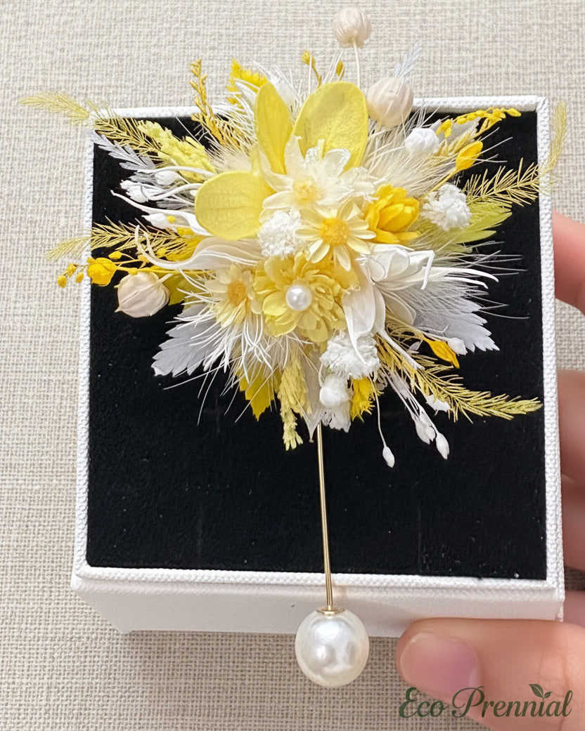Handcrafted Preserved Flower Corsage Brooch | Unique Graduation & Wedding Keepsake - Eco Perennial White Yellow | Realistic Faux Silk Flowers for Home Decor - Eco Perennial