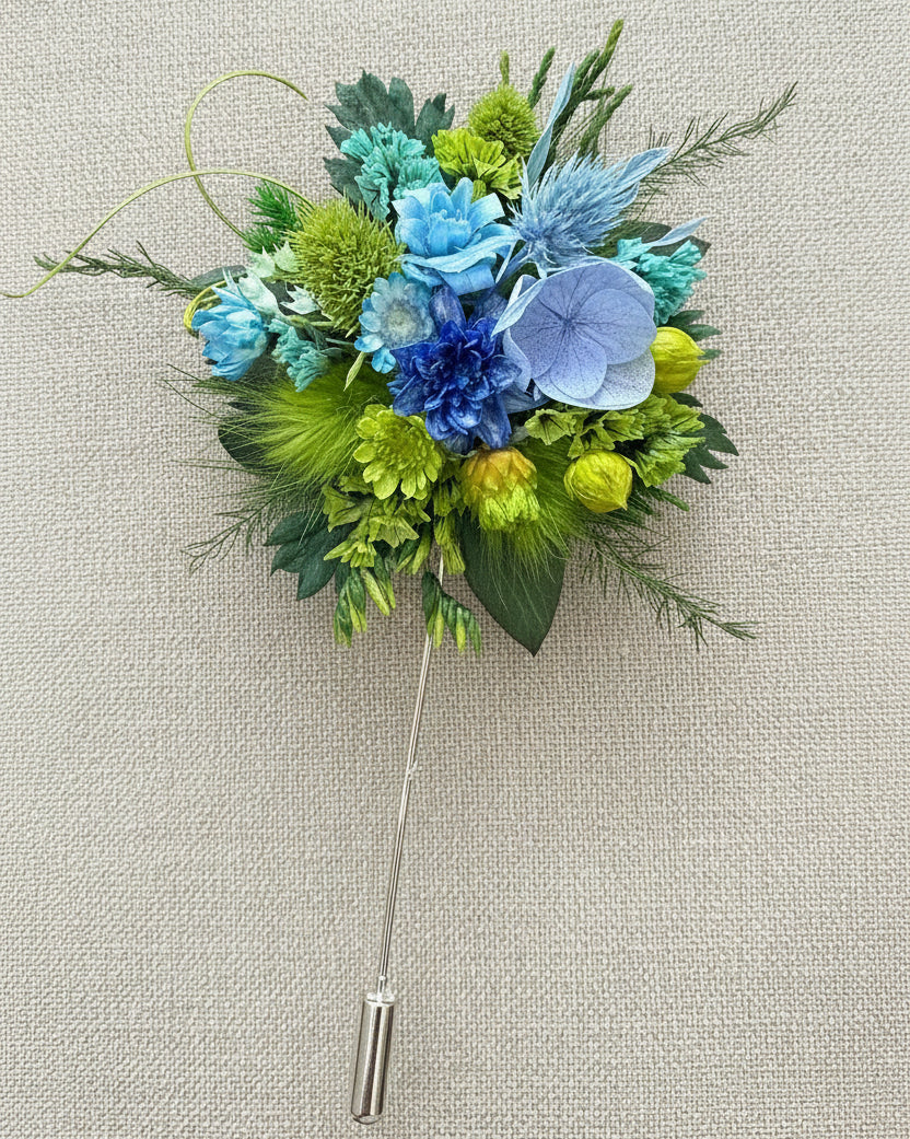 Handcrafted Preserved Flower Corsage Brooch | Unique Graduation & Wedding Keepsake - Eco Perennial Green Blue | Realistic Faux Silk Flowers for Home Decor - Eco Perennial