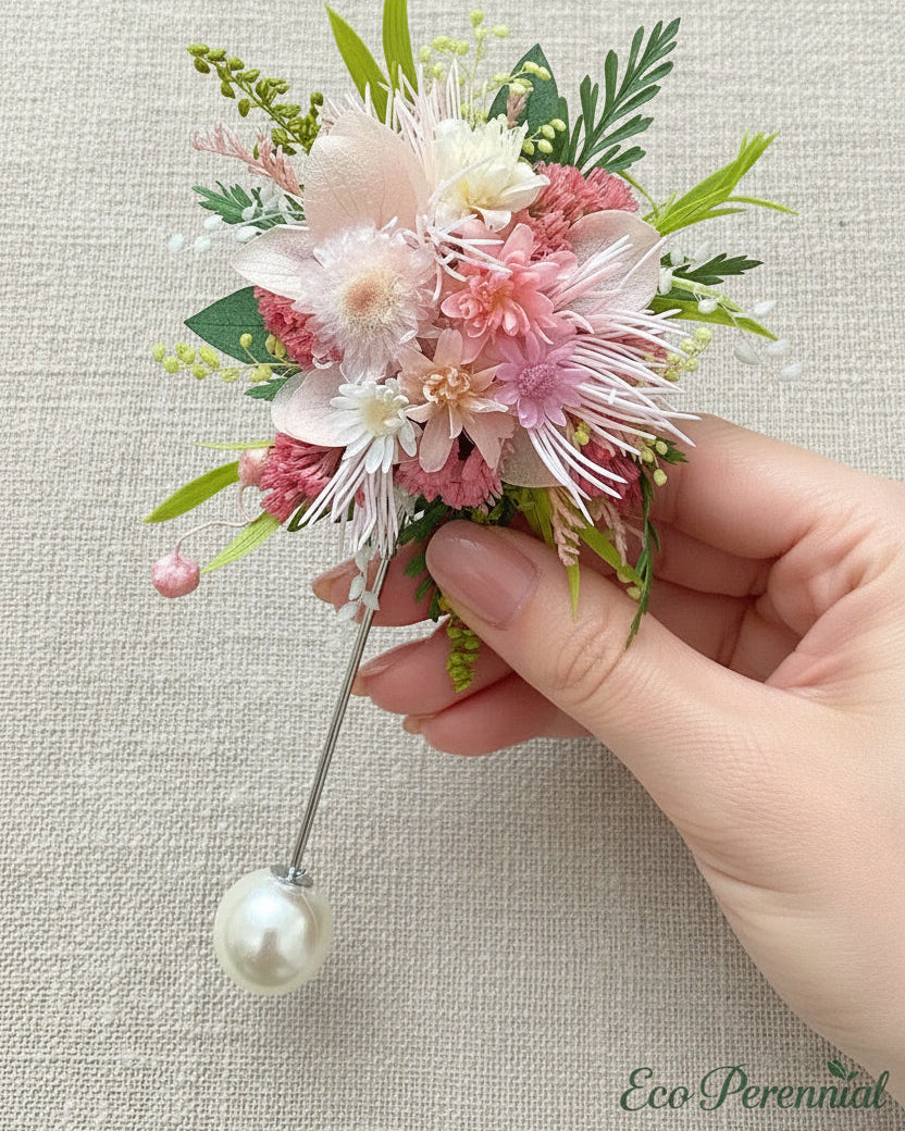 Handcrafted Preserved Flower Corsage Brooch | Unique Graduation & Wedding Keepsake - Eco Perennial Pink White Green | Realistic Faux Silk Flowers for Home Decor - Eco Perennial