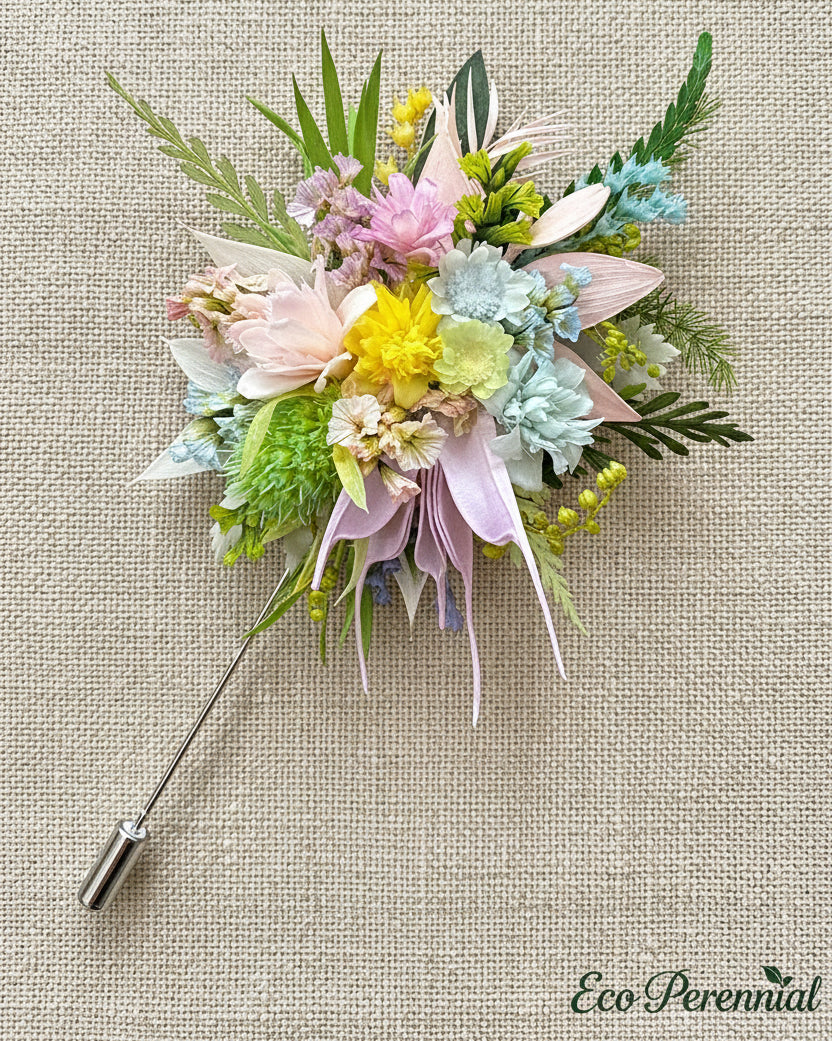 Handcrafted Preserved Flower Corsage Brooch | Unique Graduation & Wedding Keepsake - Eco Perennial Pink Yellow Green | Realistic Faux Silk Flowers for Home Decor - Eco Perennial