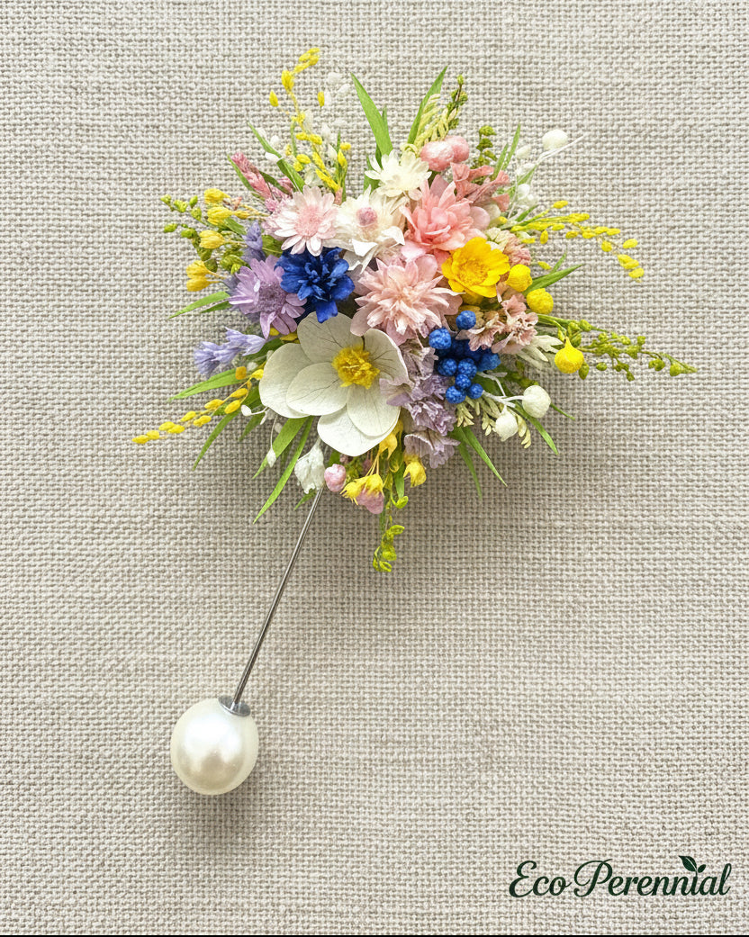 Handcrafted Preserved Flower Corsage Brooch | Unique Graduation & Wedding Keepsake - Eco Perennial Pink Blue Green | Realistic Faux Silk Flowers for Home Decor - Eco Perennial