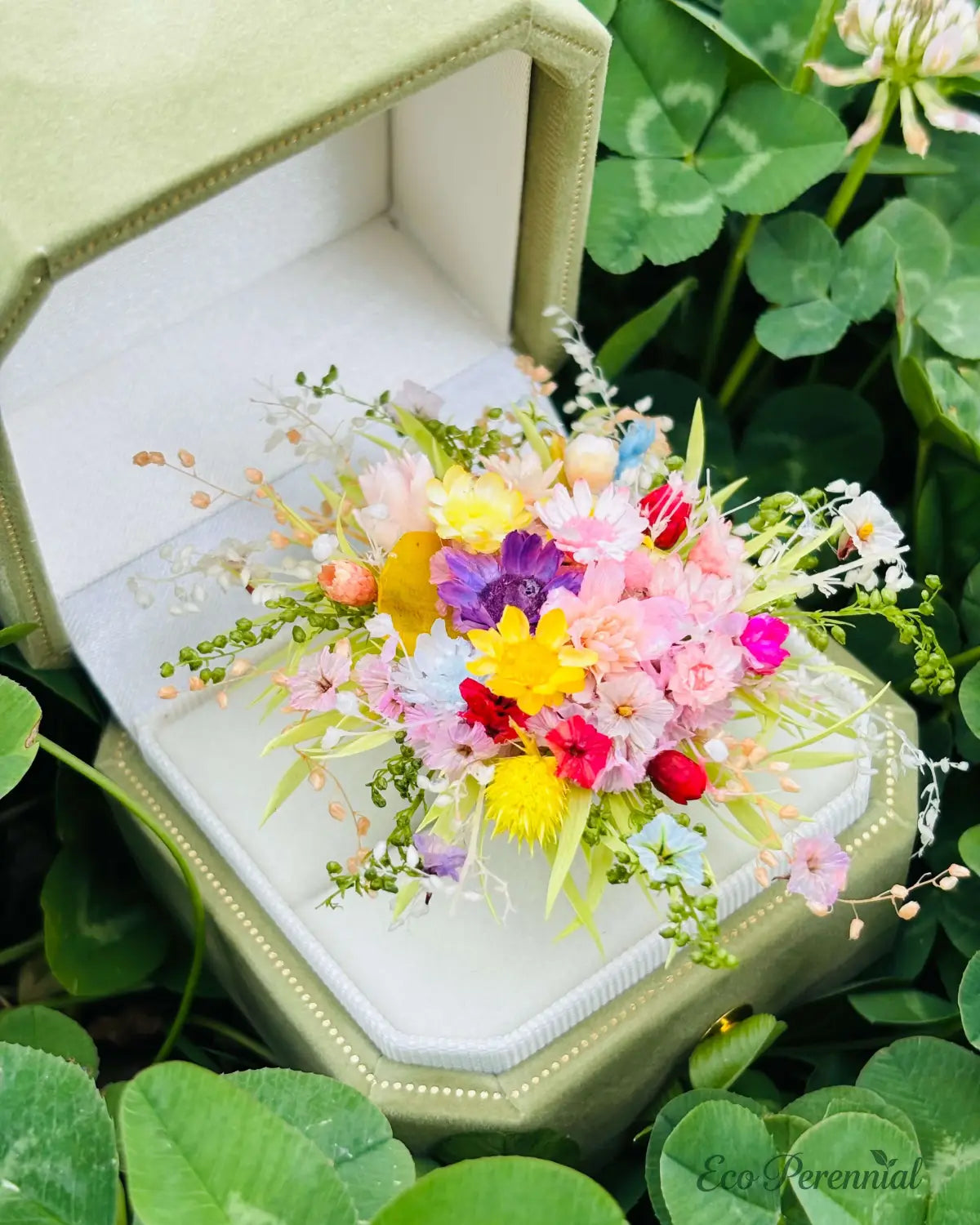 Preserved Flower Ring | Miniature Wildflower Bouquet | Eco Perennial - Pink/White/Green - Jewelry