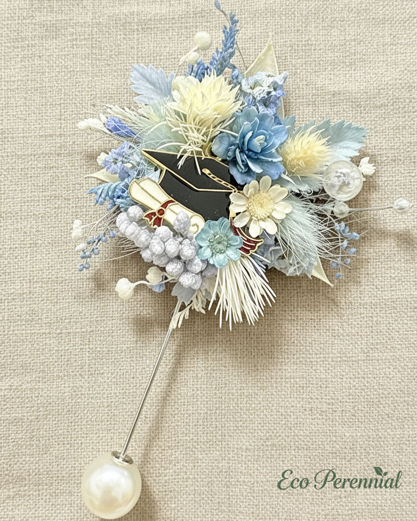 Handcrafted Preserved Flower Corsage Brooch | Wedding & Graduation Floral Pin | Realistic Faux Silk Flowers for Home Decor - Eco Perennial