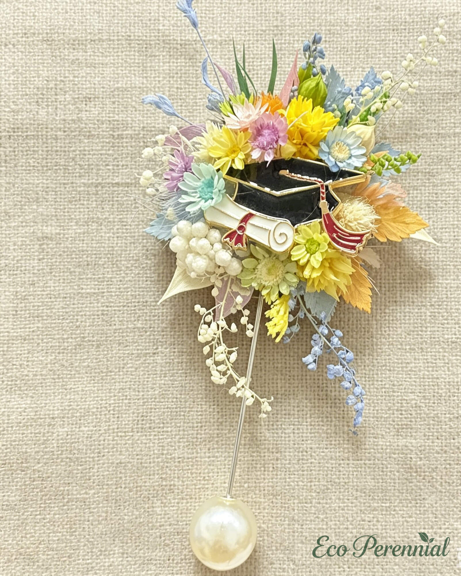 Handcrafted Preserved Flower Corsage Brooch | Wedding & Graduation Floral Pin | Realistic Faux Silk Flowers for Home Decor - Eco Perennial