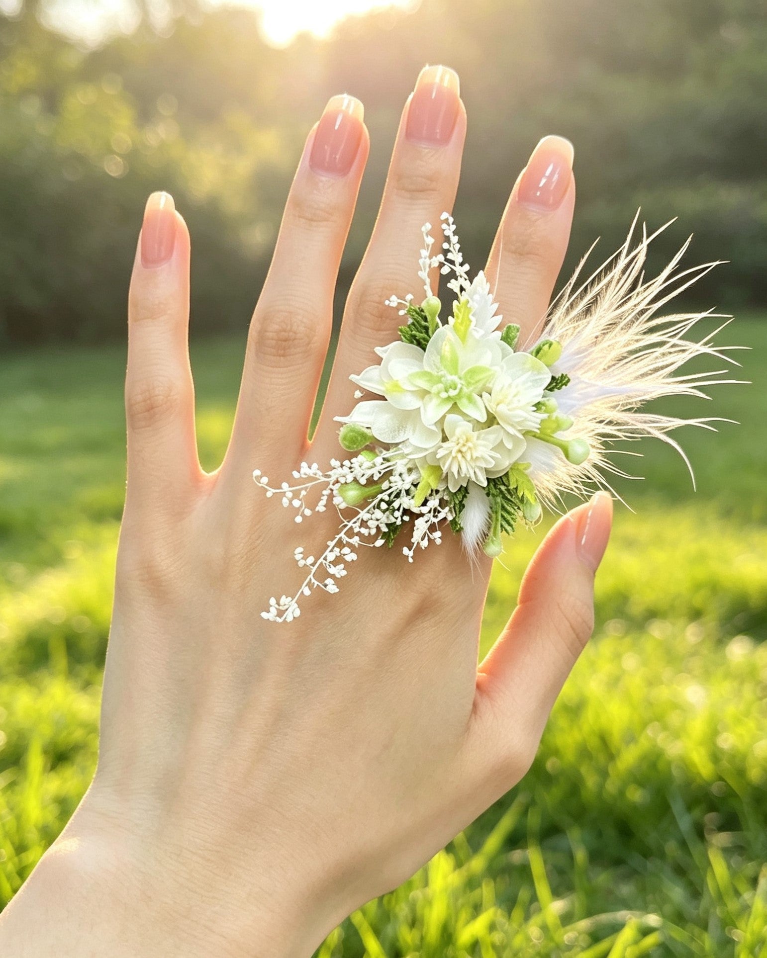 Handcrafted Preserved Flower Ring | White Garden Collection - Eco Perennial White Feather | Jewelry | Eco Perennial