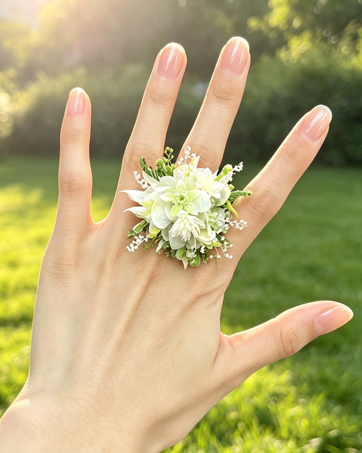 Handcrafted Preserved Flower Ring | White Garden Collection - Eco Perennial White Green | Jewelry | Eco Perennial
