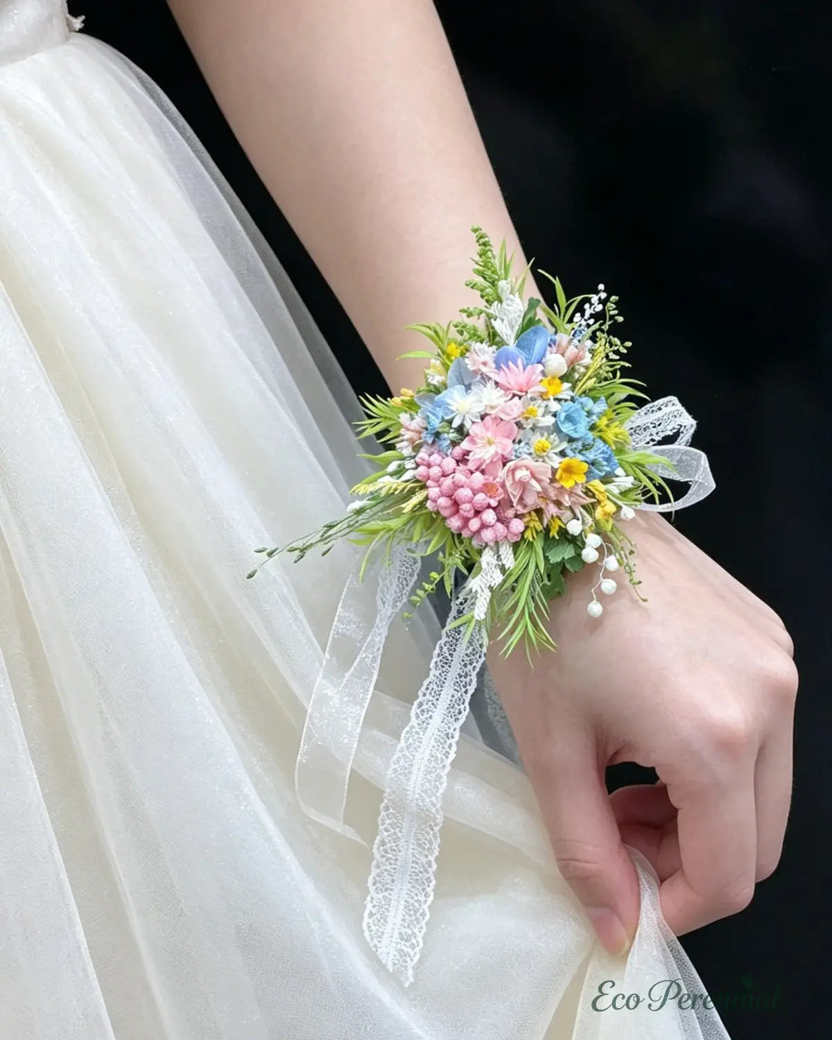 Preserved Flower Wrist Corsage | Handcrafted Bridal Floral Jewelry – Eco Perennial - Blue/Pink - Corsage