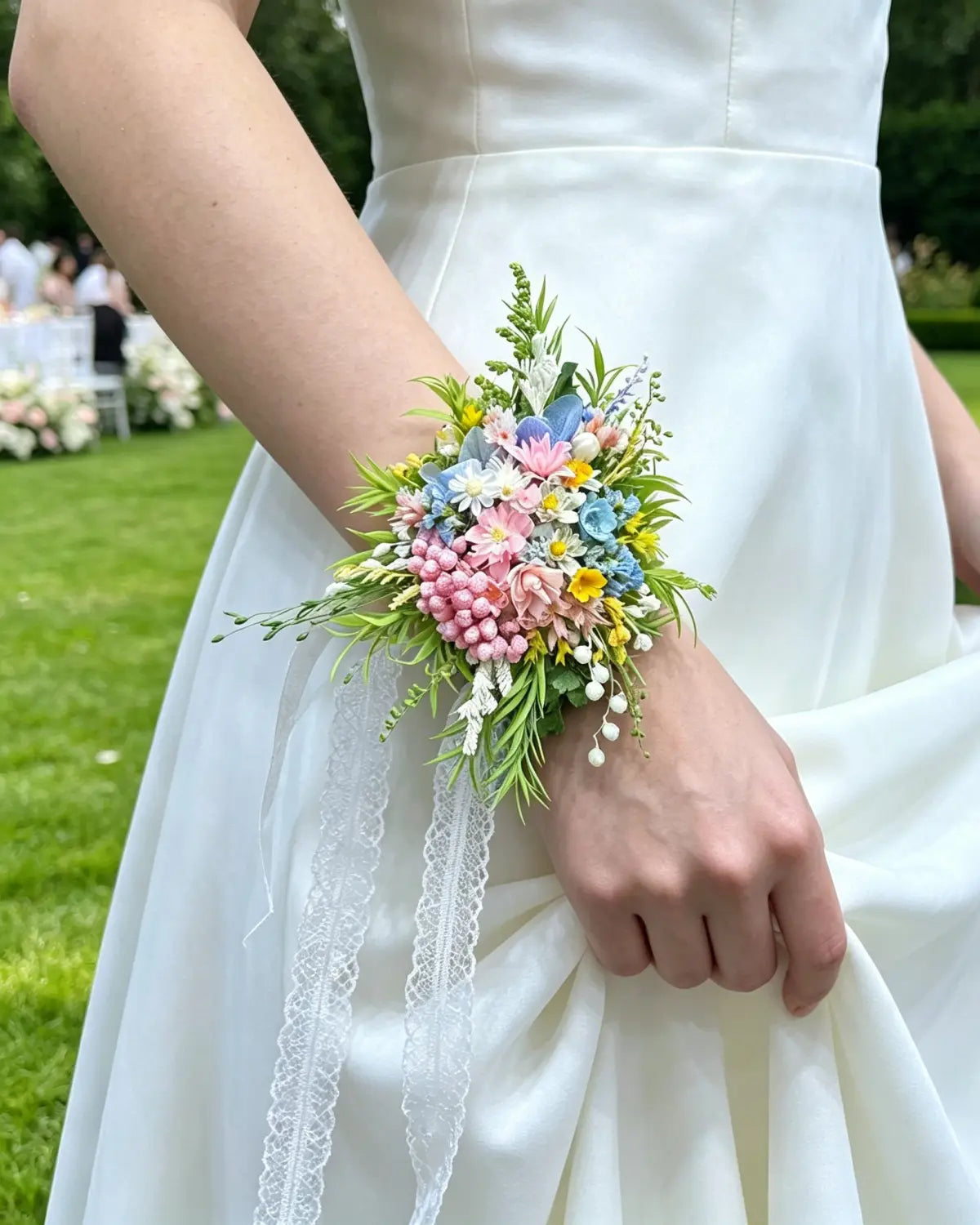 Preserved Flower Wrist Corsage | Handcrafted Bridal Floral Jewelry – Eco Perennial - Blue/Pink - Corsage