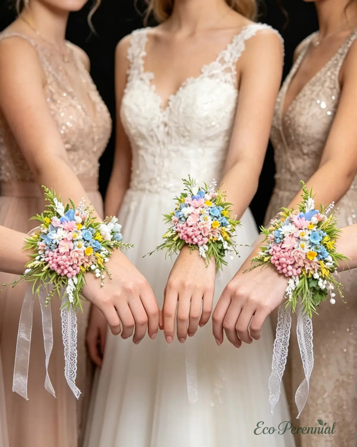 Preserved Flower Wrist Corsage | Handcrafted Bridal Floral Jewelry – Eco Perennial - Blue/Pink - Corsage