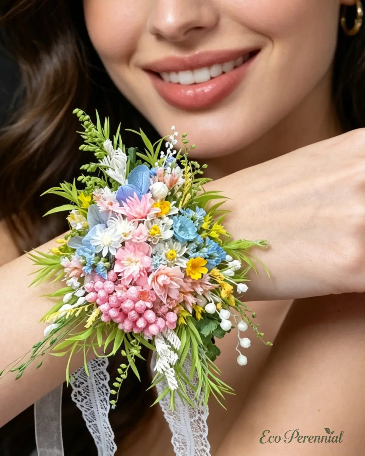 Preserved Flower Wrist Corsage | Handcrafted Bridal Floral Jewelry – Eco Perennial - Blue/Pink - Corsage