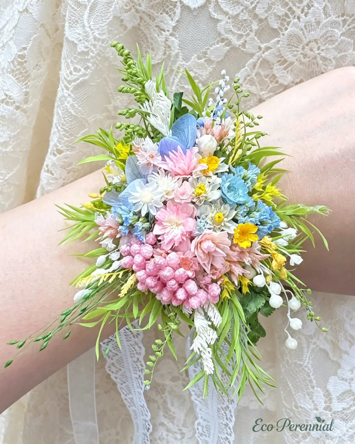 Preserved Flower Wrist Corsage | Handcrafted Bridal Floral Jewelry – Eco Perennial - Blue/Pink - Corsage