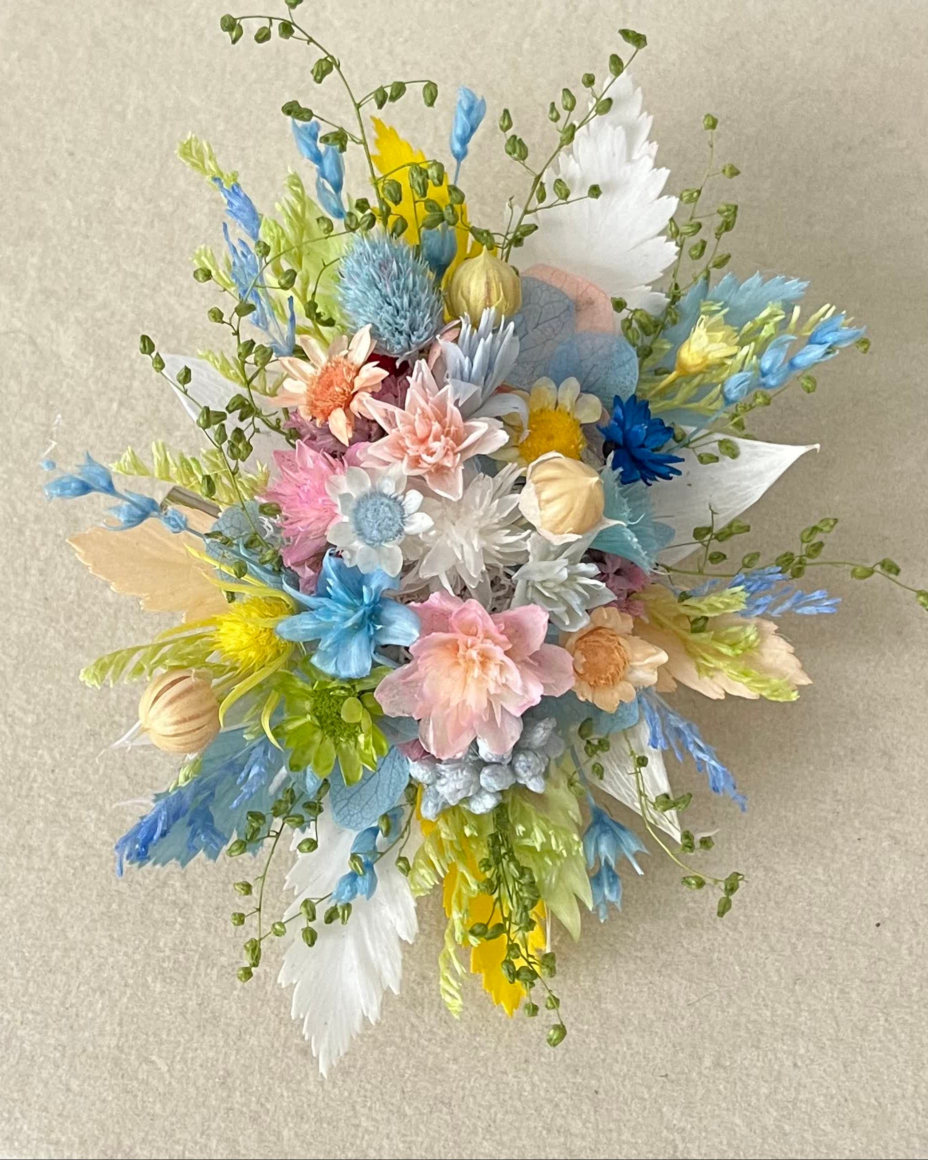 Handcrafted Preserved Flower Wrist Corsage | Wildflower Meadow - Eco Perennial Blue Yellow Green | Corsage | Eco Perennial