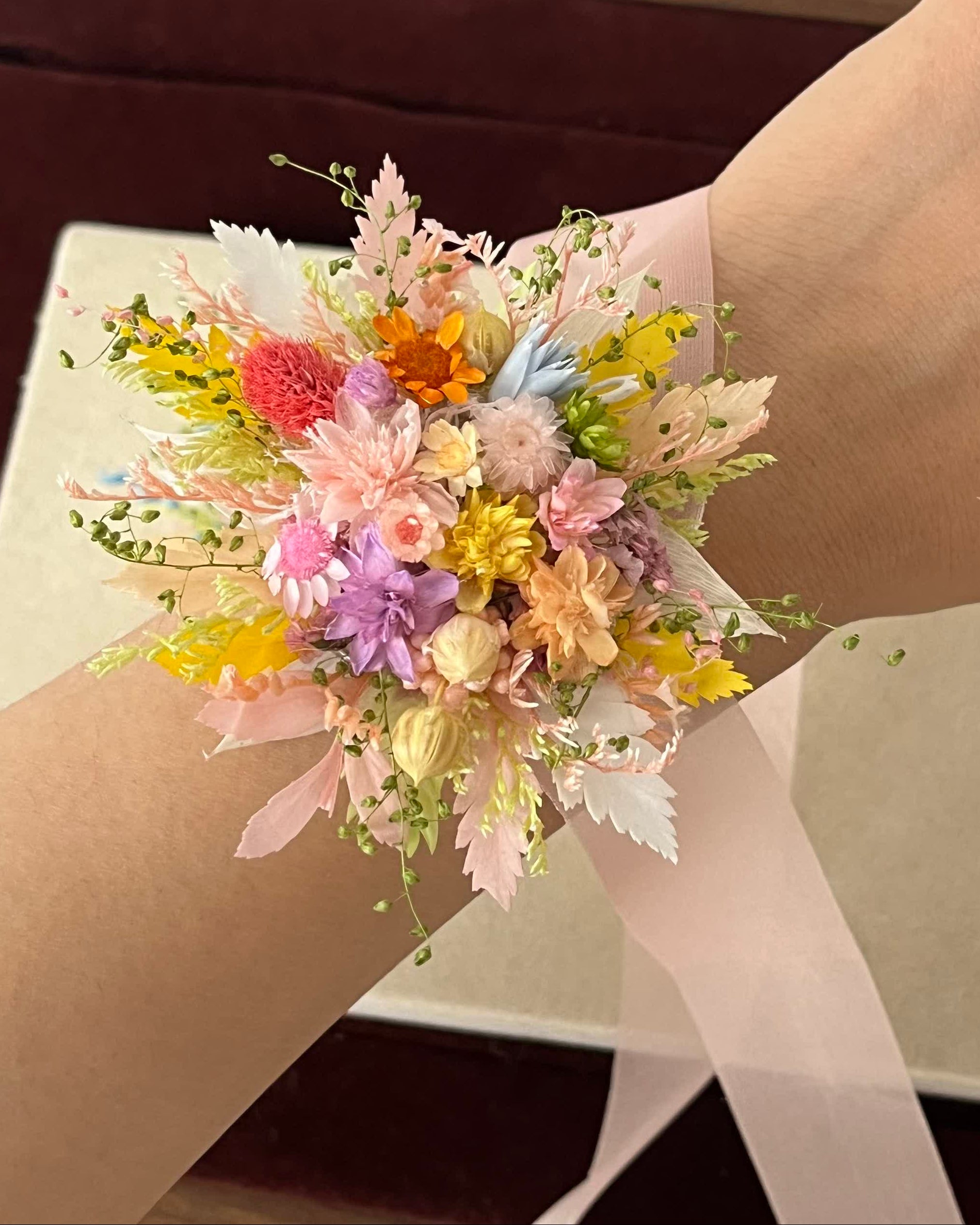 Handcrafted Preserved Flower Wrist Corsage | Wildflower Meadow - Eco Perennial Pink Yellow Green | Corsage | Eco Perennial