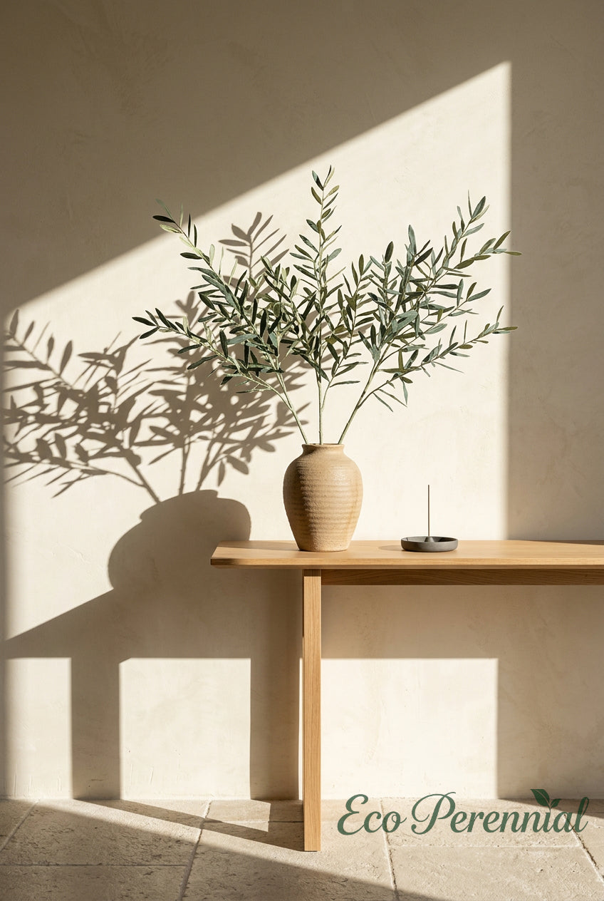 Close-up video showing the delicate silk leaf veins, matte frosted flocked finish, and natural movement of the 35.4-inch artificial olive branch without fruit.
