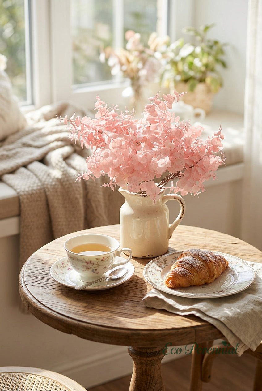 Video of petite blush pink faux eucalyptus stems styled in a small ceramic milk jug on a sunny table

