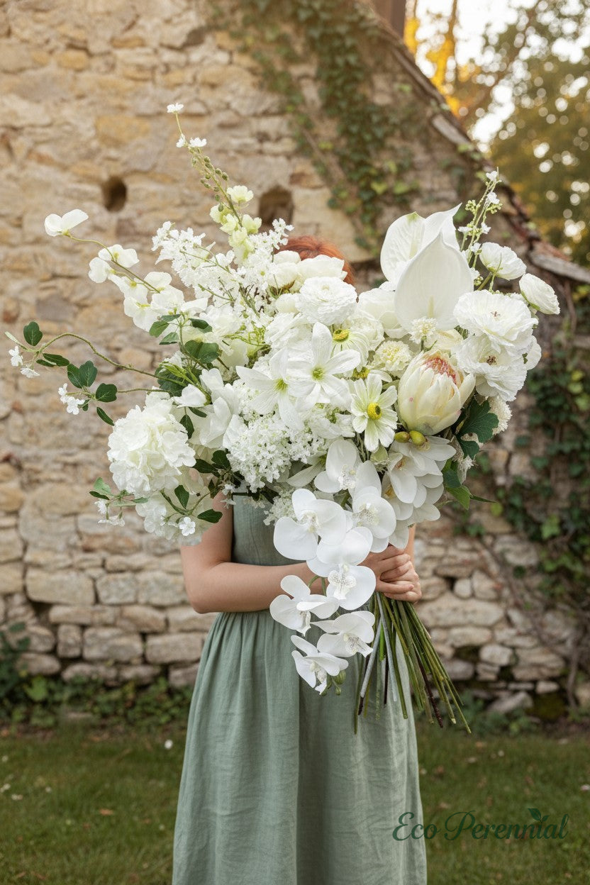 White Elegance Faux Flower Bouquet | Ivory, Cream & White Blooms | Eco Perennial