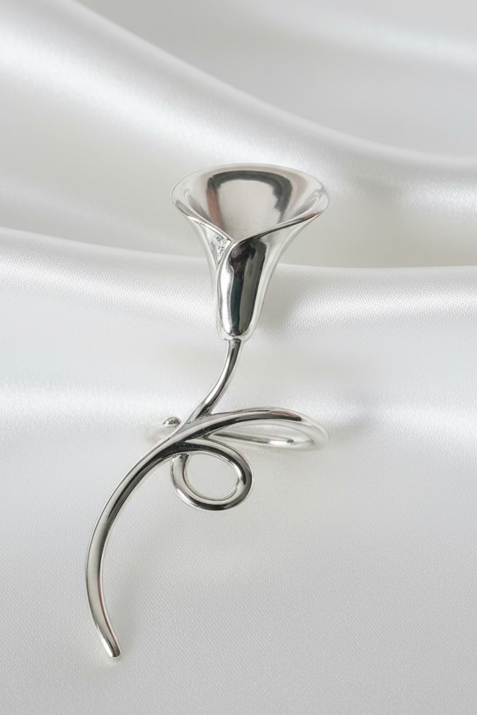 "Linear Muse" Elongated Calla Lily Ring | Bespoke Solid S925 Sterling Silver One Size (Adjustable) Silver | Ring | Eco Perennial
