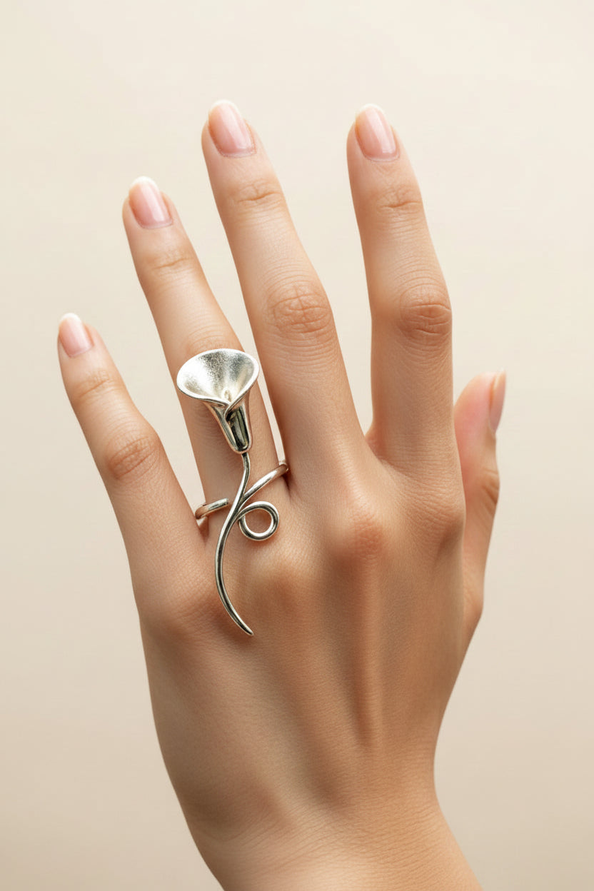 "Linear Muse" Elongated Calla Lily Ring | Bespoke Solid S925 Sterling Silver | Ring | Eco Perennial