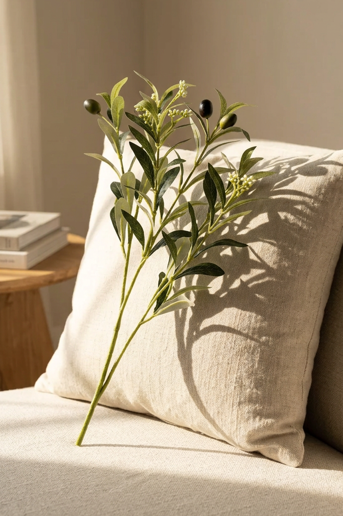 15.7"–18.5" Flowering Faux Olive Branches with White Blossoms | Artificial Greenery | Eco Perennial