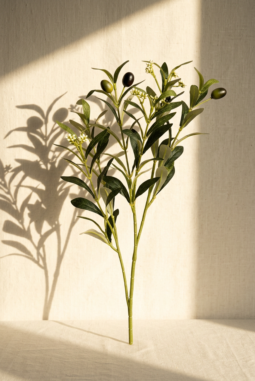 15.7"–18.5" Flowering Faux Olive Branches with White Blossoms 6-Fork — 18.5" | Artificial Greenery | Eco Perennial