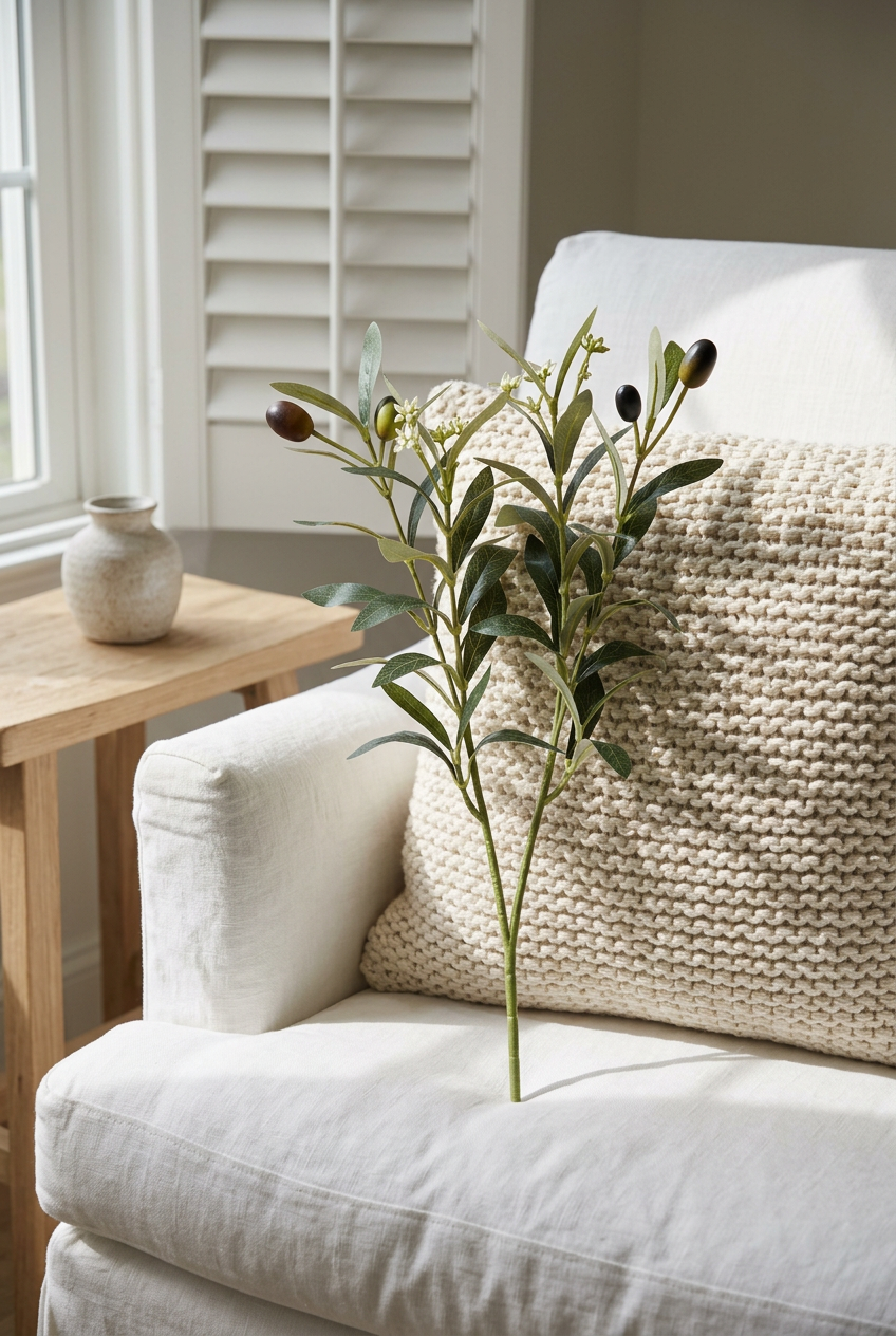 15.7"–18.5" Flowering Faux Olive Branches with White Blossoms | Artificial Greenery | Eco Perennial