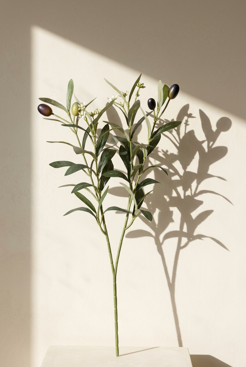 15.7"–18.5" Flowering Faux Olive Branches with White Blossoms 4-Fork — 15.7" | Artificial Greenery | Eco Perennial