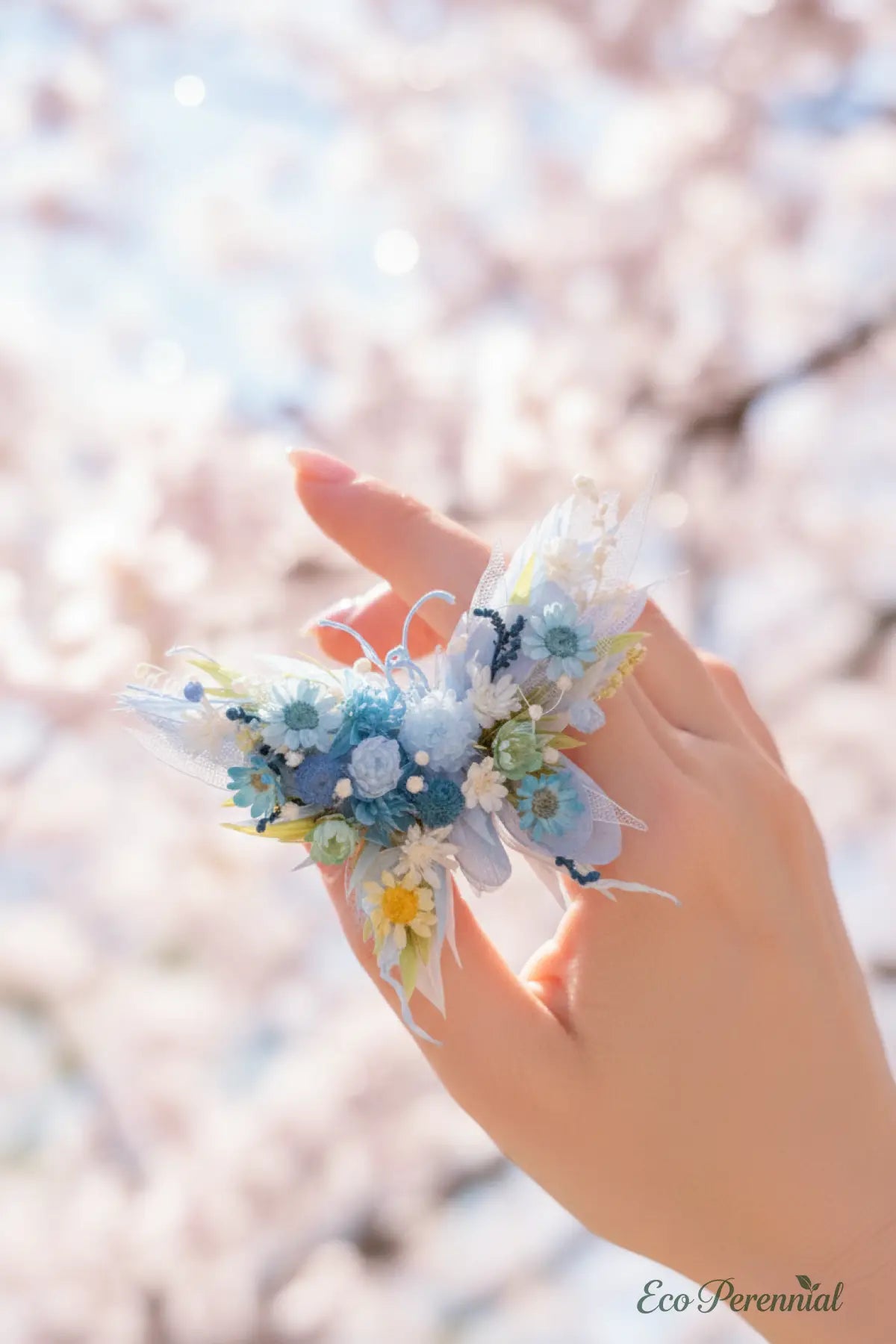 Sky Blue Bouquet Preserved Flower Ring – Handcrafted Eternal Floral Jewelry | Realistic Faux Silk Flowers for Home Decor - Eco Perennial