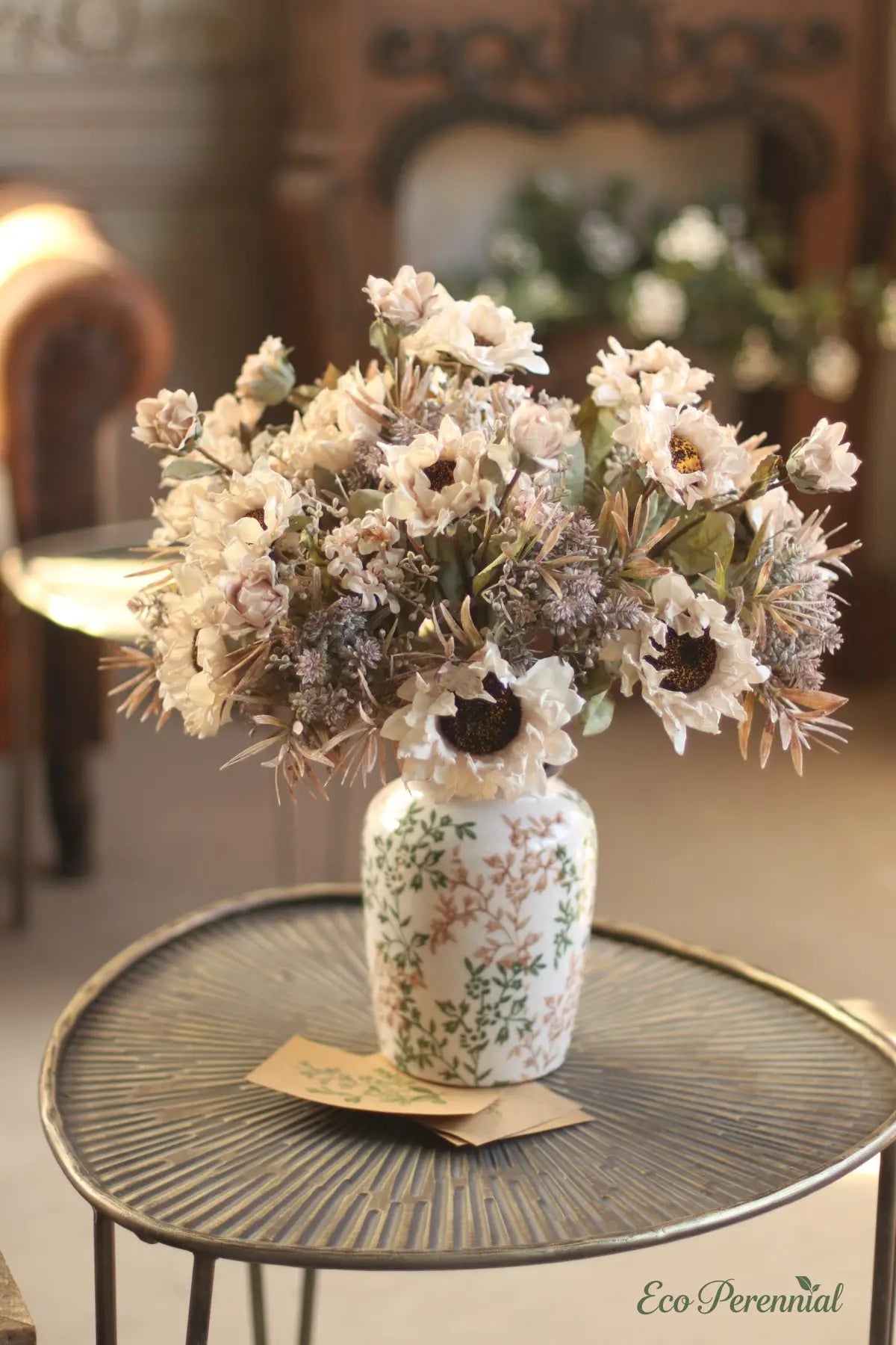 Harvest Wild Faux Dried Sunflower Bouquet - Dyed and Textured Leaves Detail - Eco Perennial