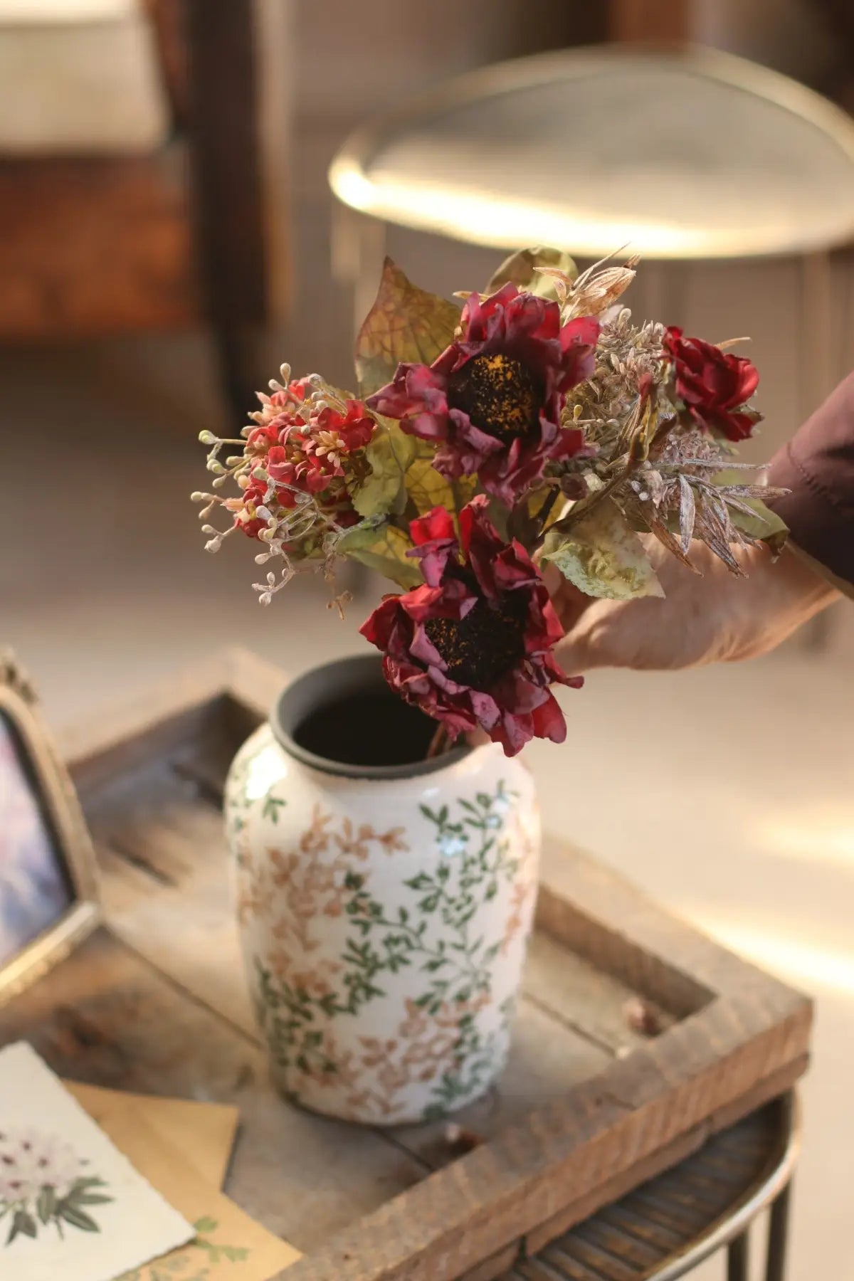 "Harvest Wild" Faux Dried Sunflower Bouquet – Burgundy Red Variant Single Stem – Eco Perennial