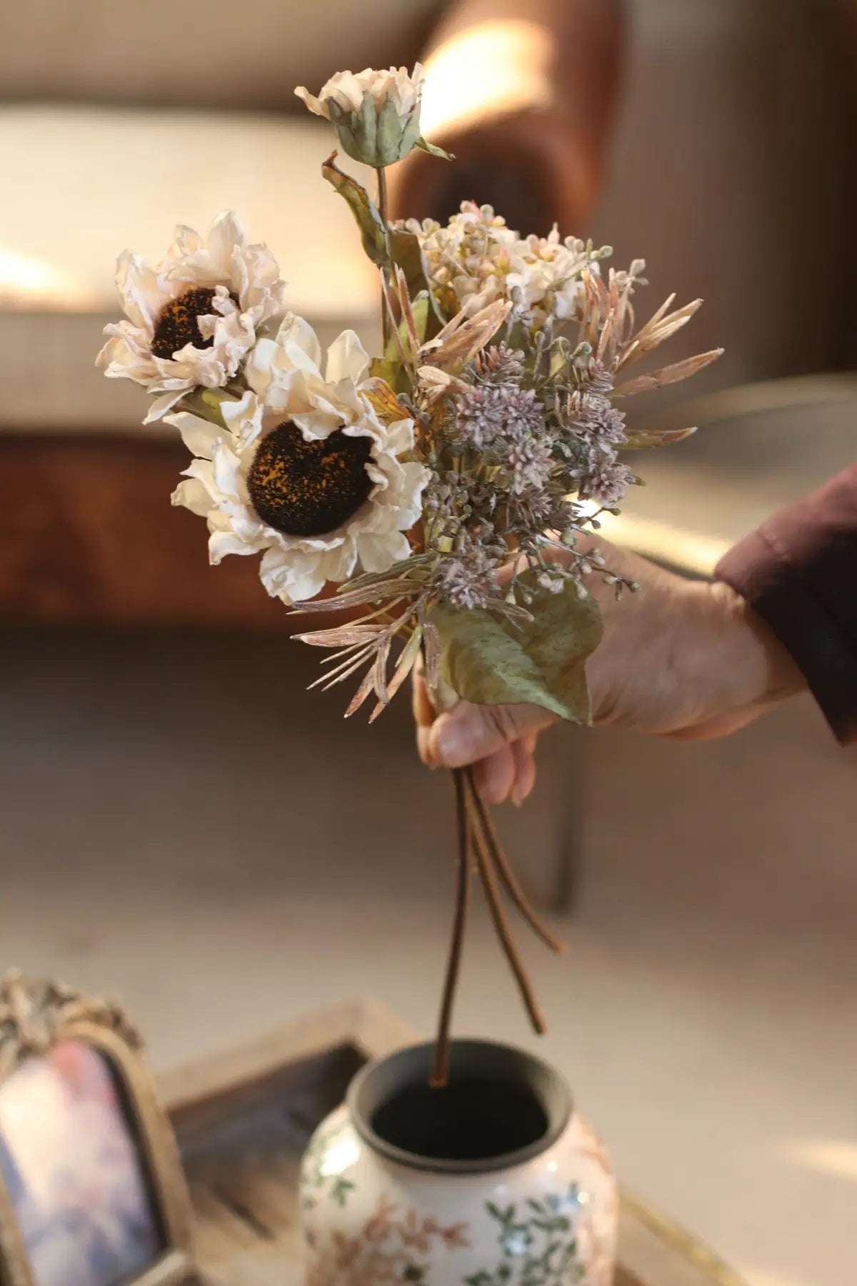 "Harvest Wild" Faux Dried Sunflower Bouquet – French White Variant Single Stem – Eco Perennial